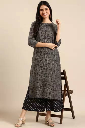 women's round neck ethnic motifs zardozi navy blue straight kurta and palazzos