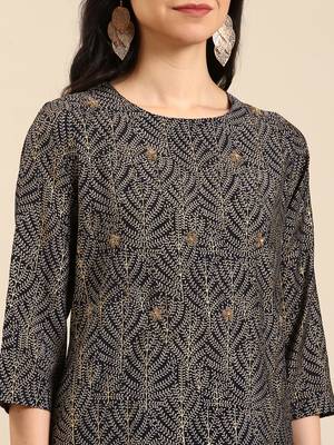 women's round neck ethnic motifs zardozi navy blue straight kurta and palazzos 5