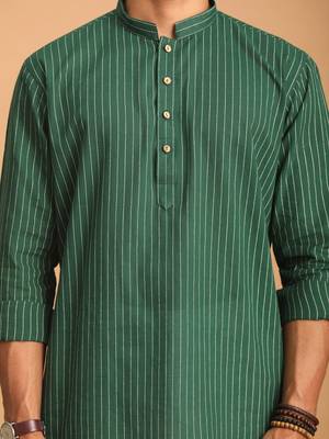 Green And White Cotton Kurta Pyjama Set 4