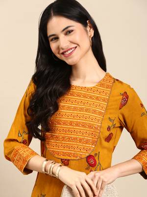 women's round neck floral foil print mustard straight kurta and palazzos 1