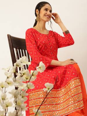 women's round neck solid red a-line kurta and skirt 1