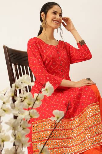women's round neck solid red a-line kurta and skirt