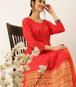women's round neck solid red a-line kurta and skirt