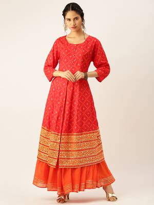 women's round neck solid red a-line kurta and skirt 2