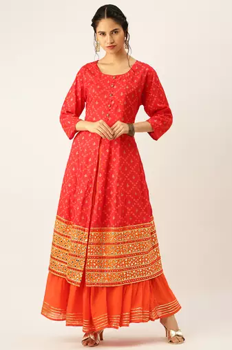 women's round neck solid red a-line kurta and skirt