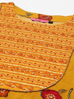 women's round neck floral foil print mustard straight kurta and palazzos 2