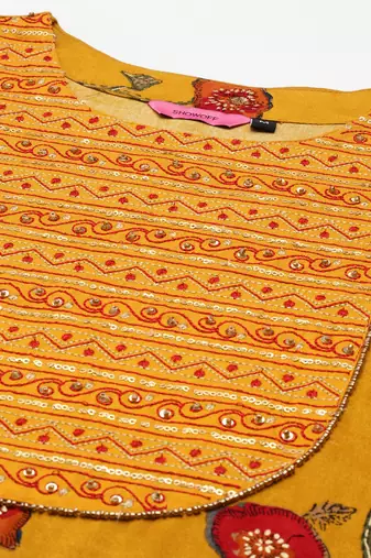 women's round neck floral foil print mustard straight kurta and palazzos