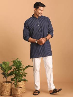 Navy Blue And White Cotton Kurta Pyjama Set 2