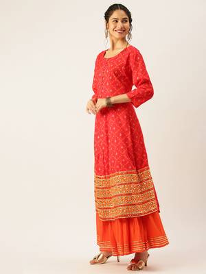 women's round neck solid red a-line kurta and skirt 3