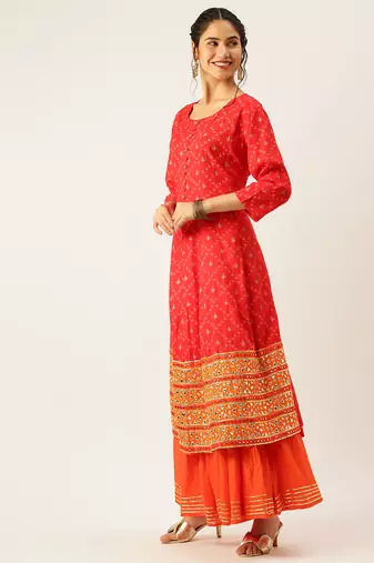 women's round neck solid red a-line kurta and skirt
