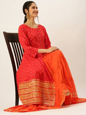 women's round neck solid red a-line kurta and skirt 4
