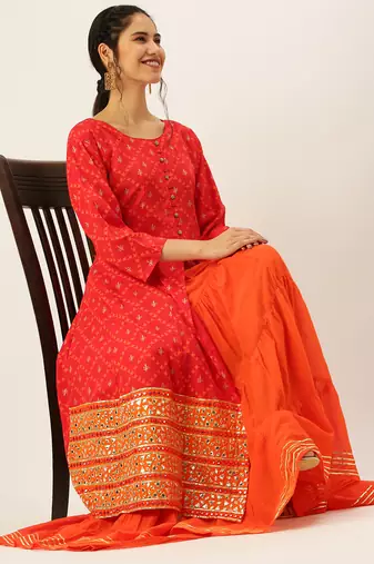 women's round neck solid red a-line kurta and skirt