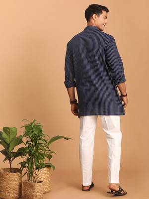 Navy Blue And White Cotton Kurta Pyjama Set 3