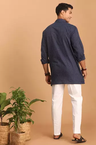 Navy Blue And White Cotton Kurta Pyjama Set