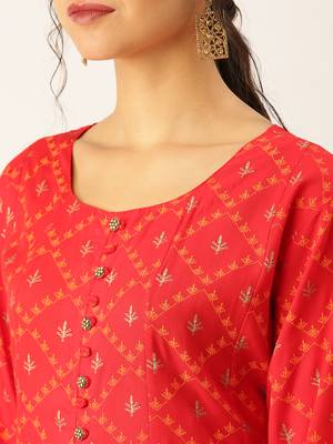 women's round neck solid red a-line kurta and skirt 5