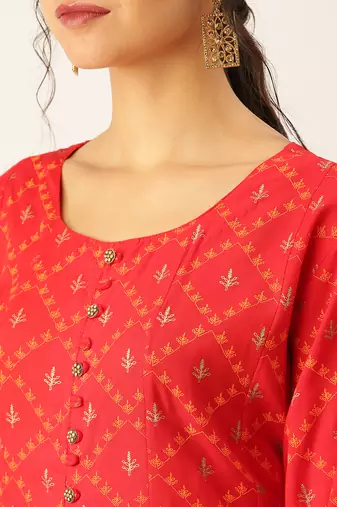 women's round neck solid red a-line kurta and skirt