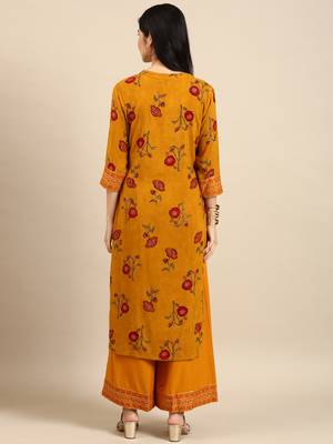 women's round neck floral foil print mustard straight kurta and palazzos 4