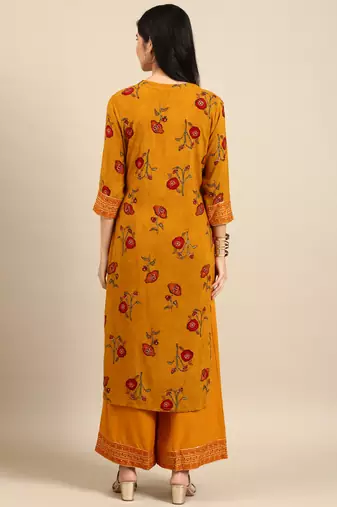 women's round neck floral foil print mustard straight kurta and palazzos