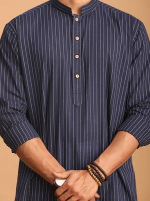 Navy Blue And White Cotton Kurta Pyjama Set 4