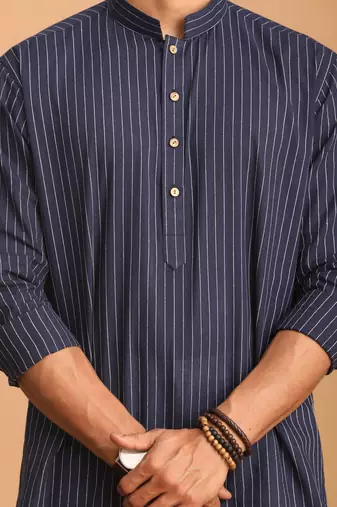 Navy Blue And White Cotton Kurta Pyjama Set