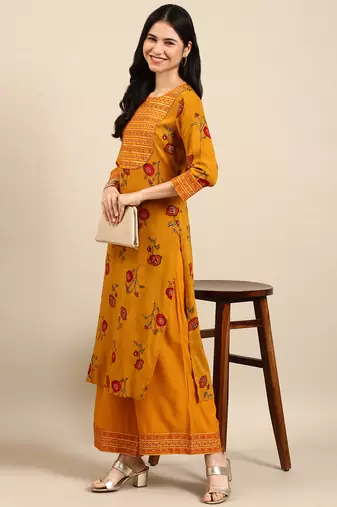 women's round neck floral foil print mustard straight kurta and palazzos