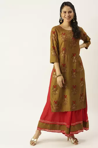 women's round neck solid green straight kurta and palazzos
