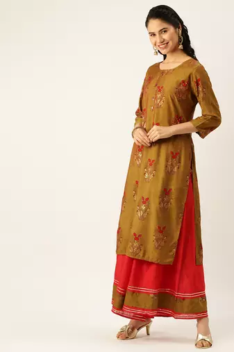 women's round neck solid green straight kurta and palazzos