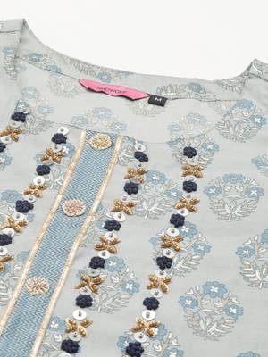 women's round neck floral foil print blue straight kurta and palazzos with dupatta 2