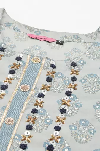 women's round neck floral foil print blue straight kurta and palazzos with dupatta