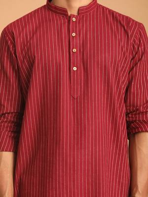 Maroon And White Cotton Kurta Pyjama Set 4