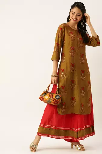 women's round neck solid green straight kurta and palazzos