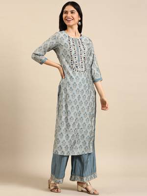 women's round neck floral foil print blue straight kurta and palazzos with dupatta 4