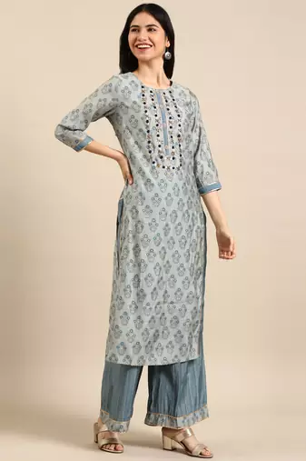 women's round neck floral foil print blue straight kurta and palazzos with dupatta