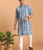 Indigo Blue And White Cotton Kurta Pyjama Set