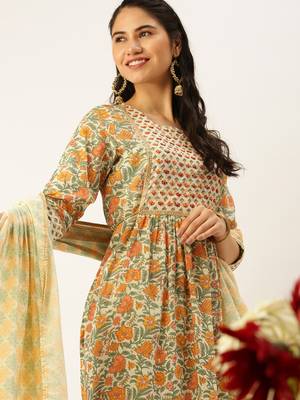 women's round neck ethnic motifs cream a-line kurta and trouser with dupatta 1