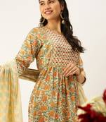 women's round neck ethnic motifs cream a-line kurta and trouser with dupatta