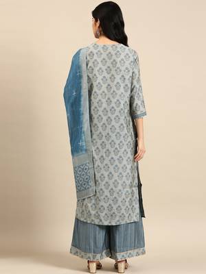 women's round neck floral foil print blue straight kurta and palazzos with dupatta 5