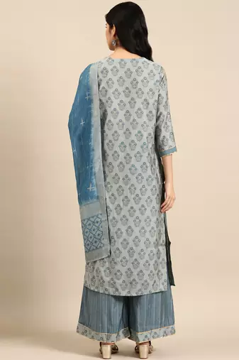 women's round neck floral foil print blue straight kurta and palazzos with dupatta