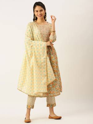 women's round neck ethnic motifs cream a-line kurta and trouser with dupatta 2