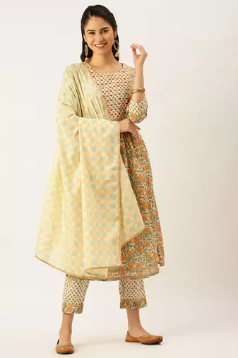 women's round neck ethnic motifs cream a-line kurta and trouser with dupatta