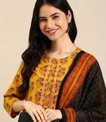 women's round neck floral block print yellow straight kurta and palazzos with dupatta