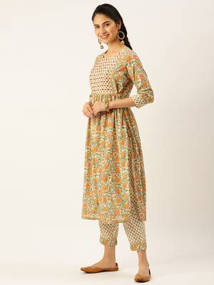 women's round neck ethnic motifs cream a-line kurta and trouser with dupatta 3