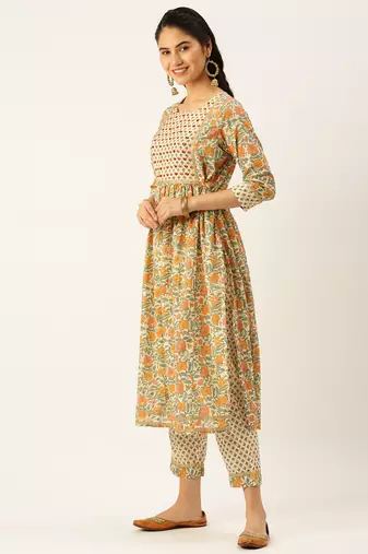 women's round neck ethnic motifs cream a-line kurta and trouser with dupatta