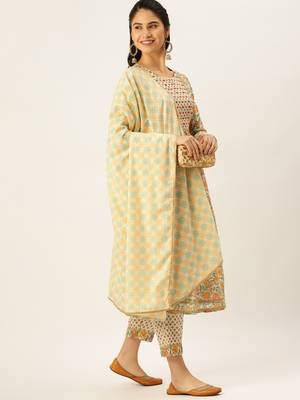 women's round neck ethnic motifs cream a-line kurta and trouser with dupatta 4