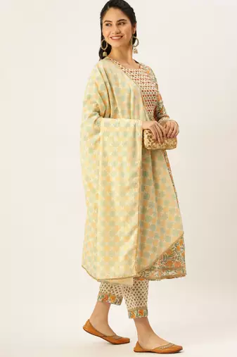 women's round neck ethnic motifs cream a-line kurta and trouser with dupatta