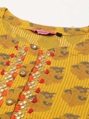 women's round neck floral block print yellow straight kurta and palazzos with dupatta 2