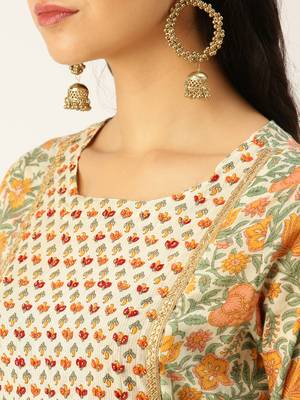 women's round neck ethnic motifs cream a-line kurta and trouser with dupatta 5