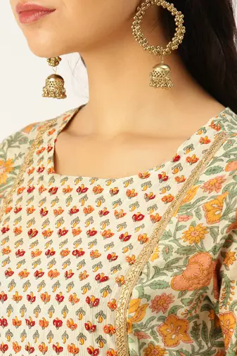 women's round neck ethnic motifs cream a-line kurta and trouser with dupatta
