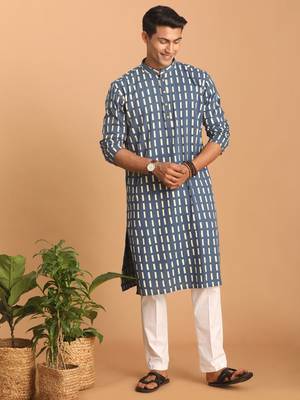 Indigo Blue And White Cotton Kurta And Pyjama Set 1