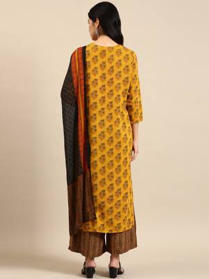 women's round neck floral block print yellow straight kurta and palazzos with dupatta 4